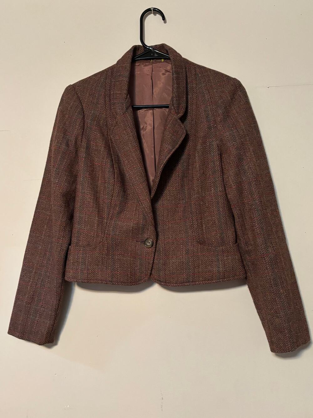 Vintage MJ Concepts Wool Tweed Cropped Blazer Brown Herringbone Plaid Small EUC